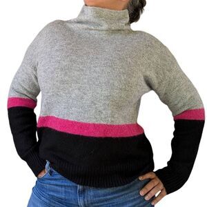 Karen Kane Gray Pink Black Color block Funnel Turtle Neck Sweater Women Size L